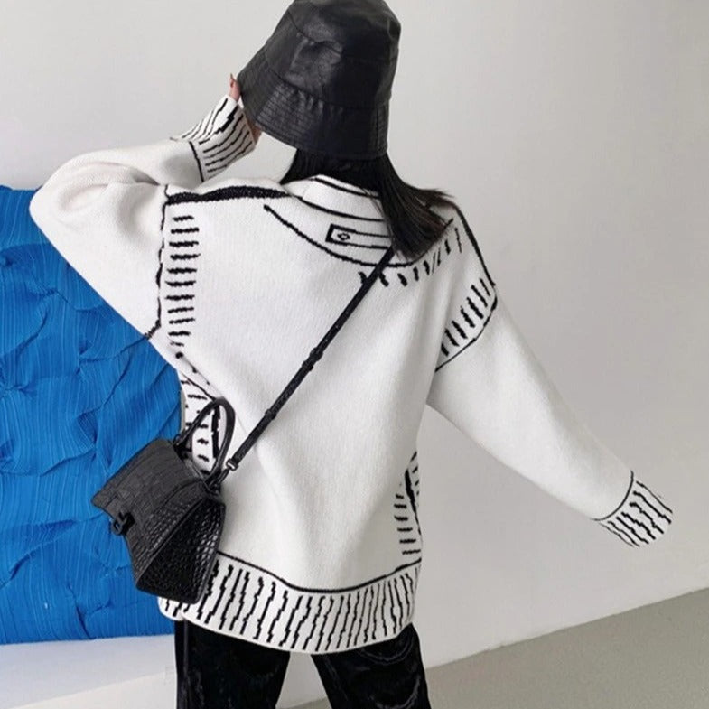 Lockere Streetwear Y2K Grafik bedruckt Langärmlige Strickjacke mit V-Ausschnitt