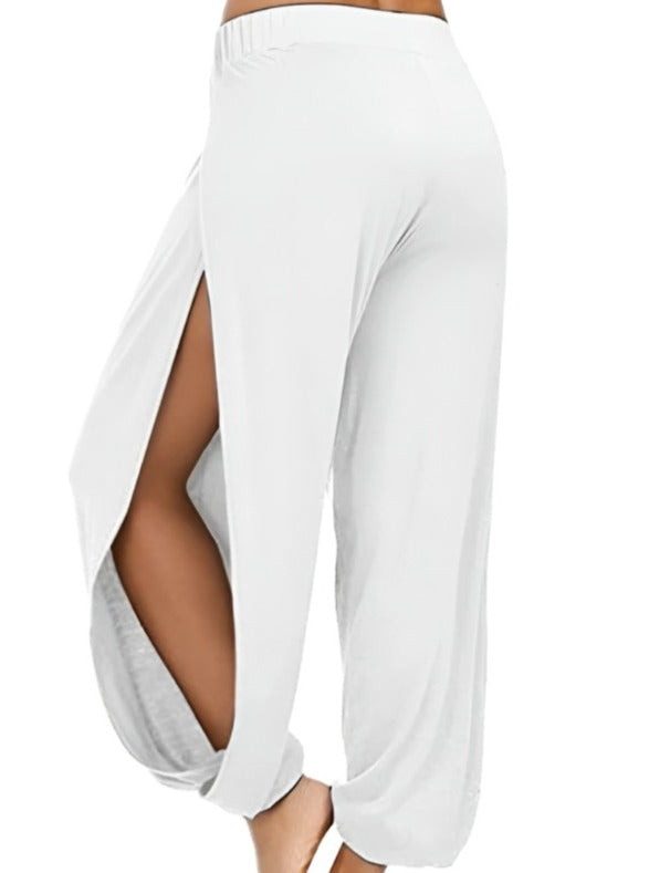 Plain Casual High Waist Wide Leg Harem Yoga Pants With Side Slit