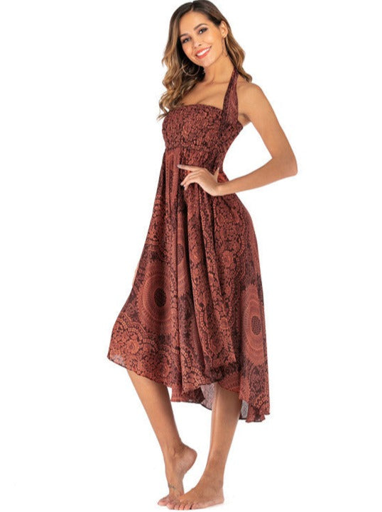 Brown Casual Bohemian Print Skirt Dress