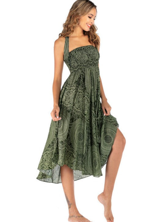 Grünes lässiges Kleid mit Rock im Bohemian-Stil