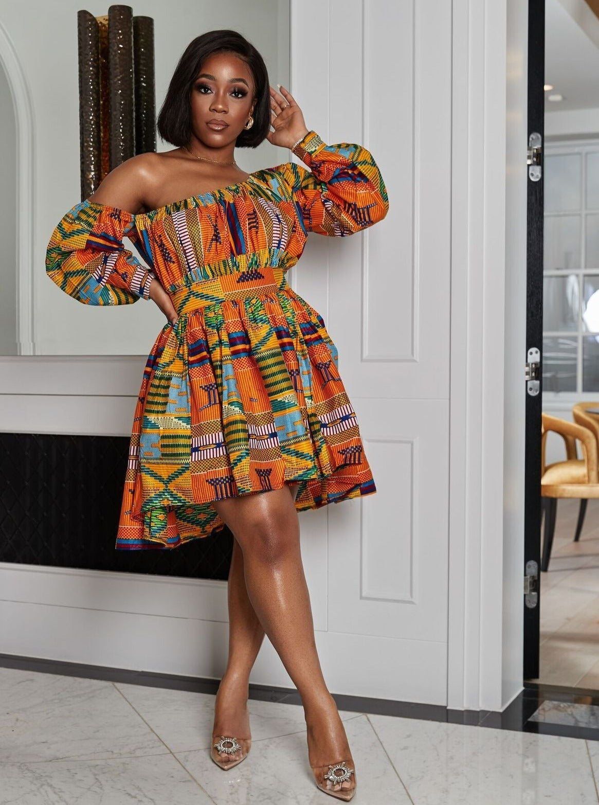 Off Shoulder Long Sleeve Abstract Printed Flared Dress