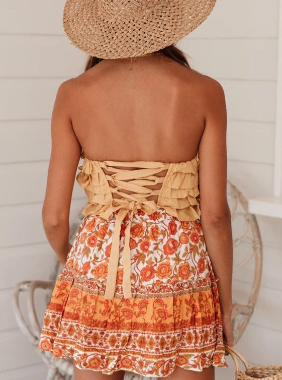 Orange Bohemian Ethnic Style Ruffle Skirt