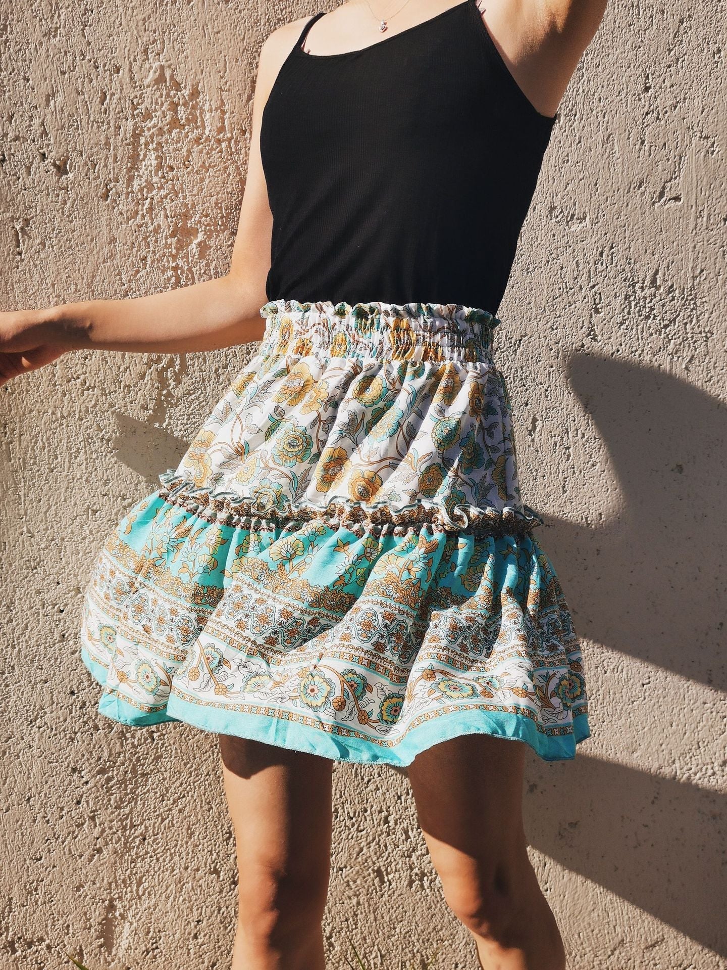 Sky Blue Bohemian Ethnic Style Ruffle Skirt