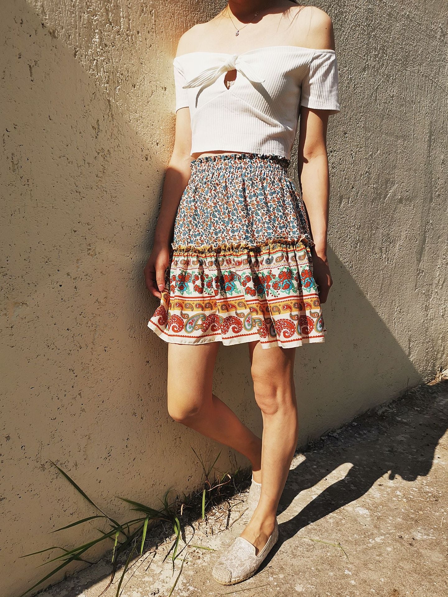 Beige Bohemian Ethnic Style Ruffle Skirt