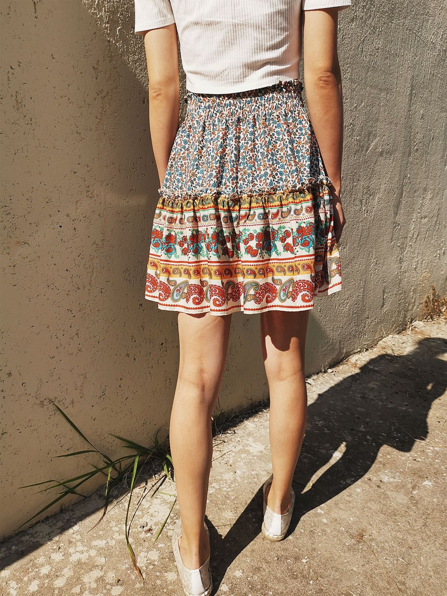 Beige Bohemian Ethnic Style Ruffle Skirt