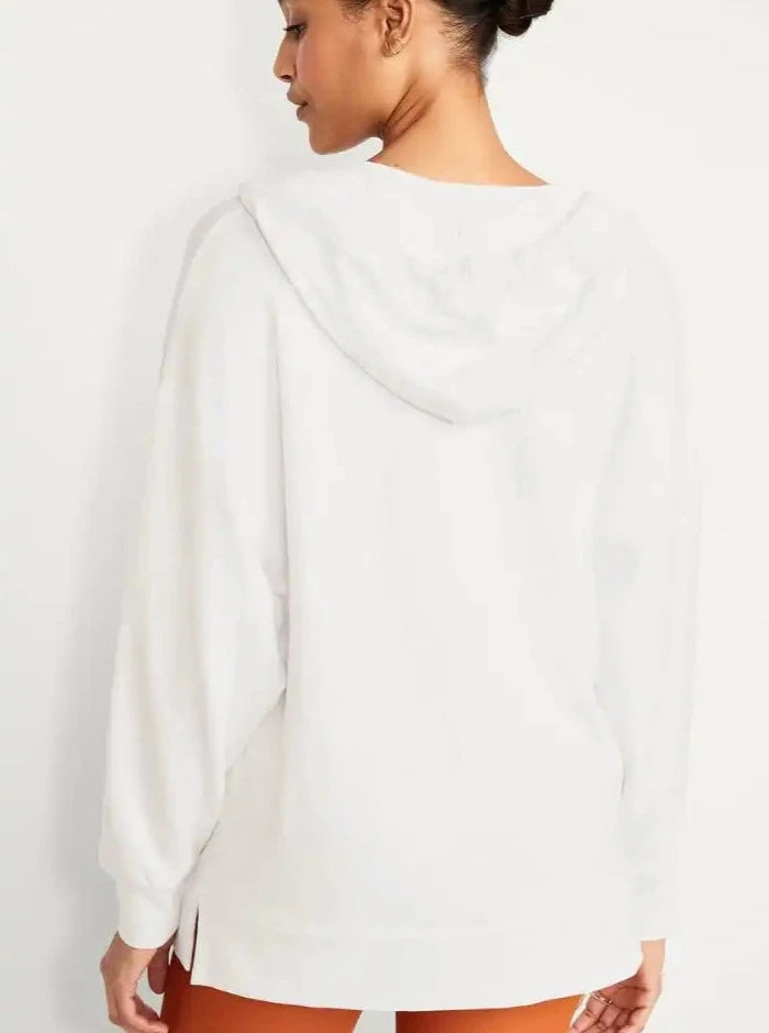 Weißes, übergroßes Kapuzen-Sweatshirt mit tiefem V-Ausschnitt 