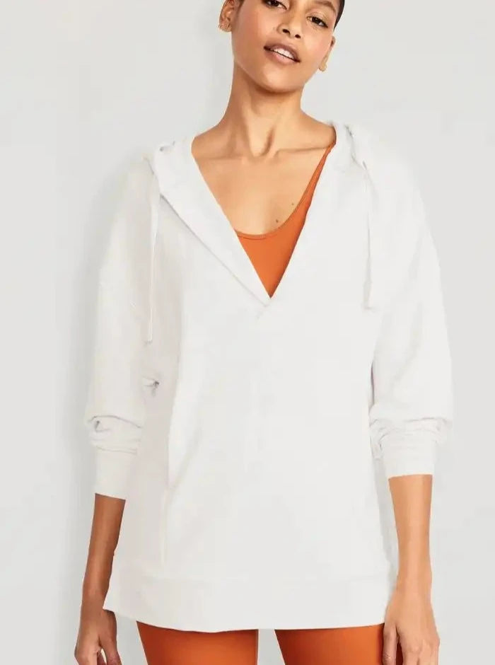 Weißes, übergroßes Kapuzen-Sweatshirt mit tiefem V-Ausschnitt 