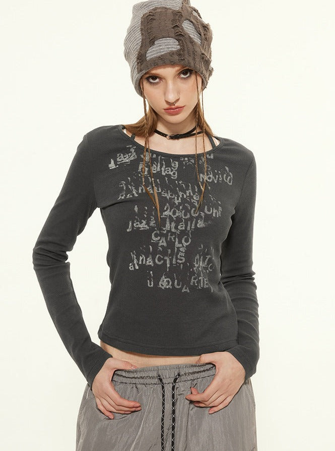 Casual Round Neck Strap Letter Printed Long-Sleeved Top