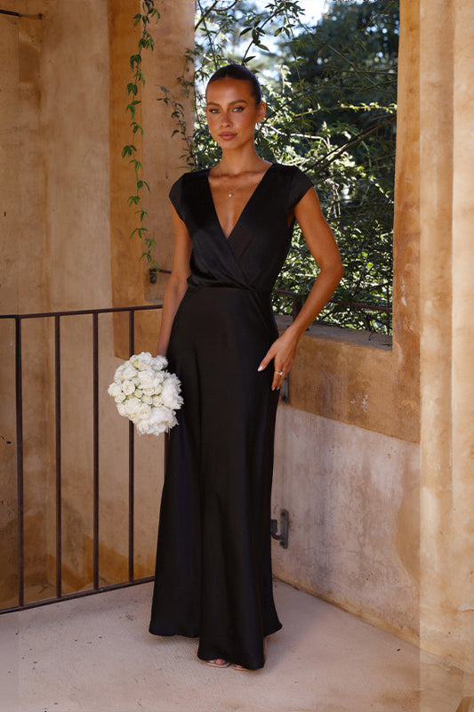 Elegantes langes Abend Maxikleid schwarzer Satin Wrap festliche Mode