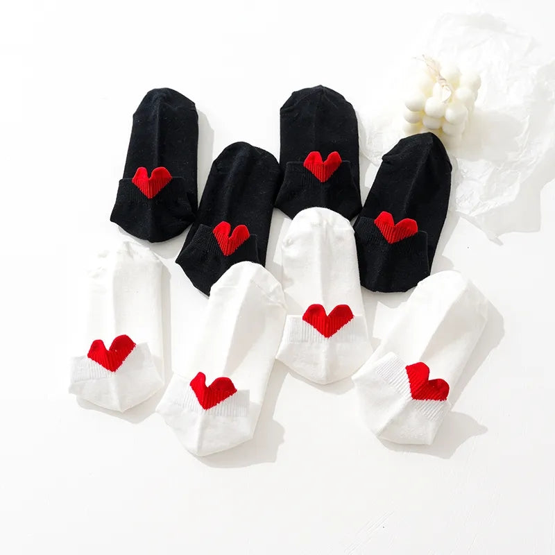 Schwarz-weiße Herz-Knöchel-niedrig geschnittene atmungsaktive Baumwollsocken | 5 Paare
