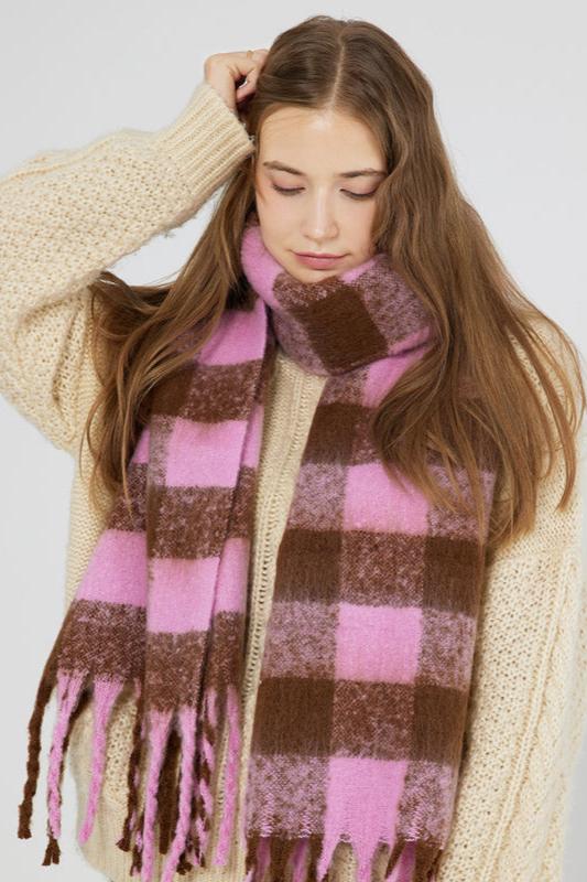 Pink Colored Plaid Long Tassel Scarf