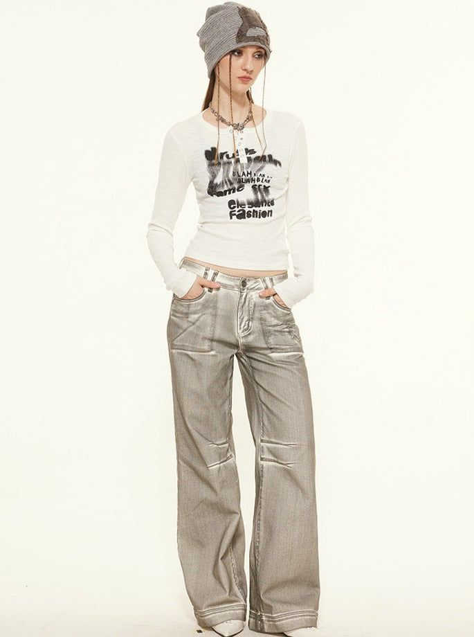 High-Waisted Letter Printed Long-Sleeved Top