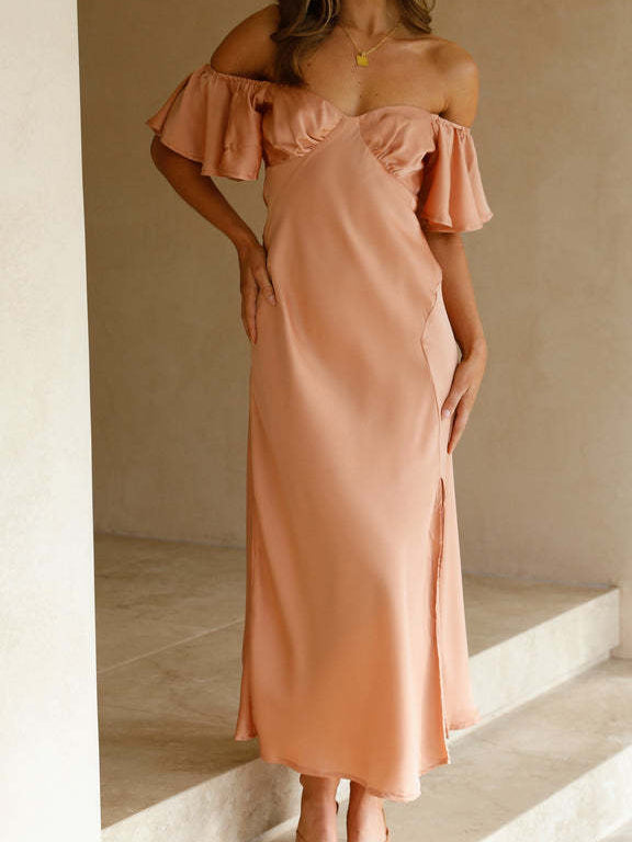Beige Elegant Solid Color V-Neck Short Sleeved Dress
