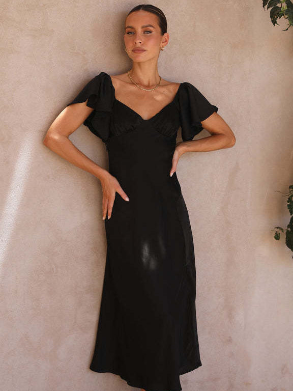 Elegantes, einfarbiges, kurzärmliges Kleid mit V-Ausschnitt in Schwarz und Weiß 