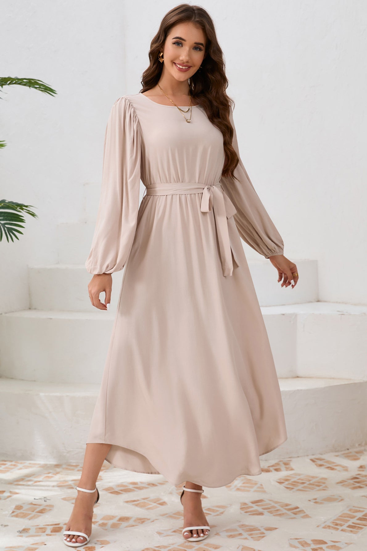 Elegant Tie Waist Long Sleeve Maxi Dress