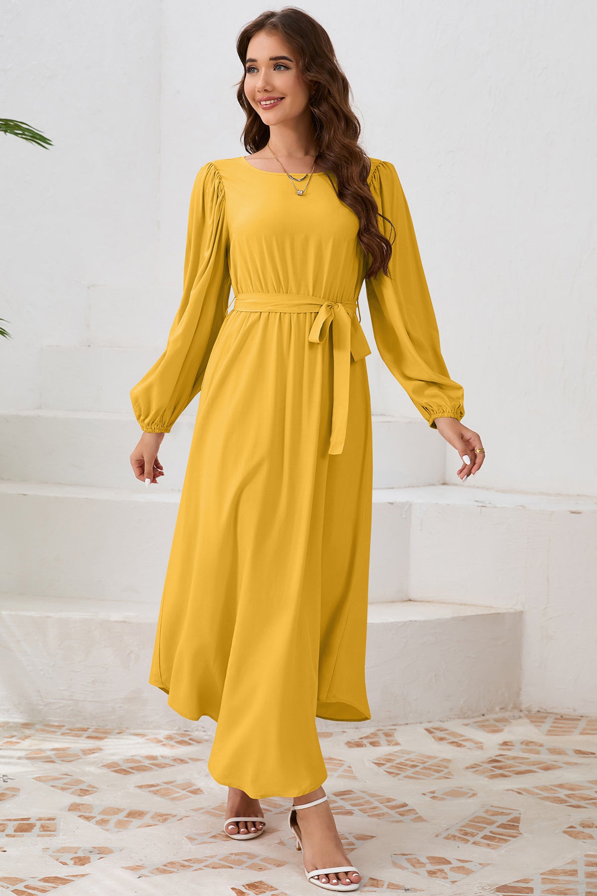 Elegant Tie Waist Long Sleeve Maxi Dress