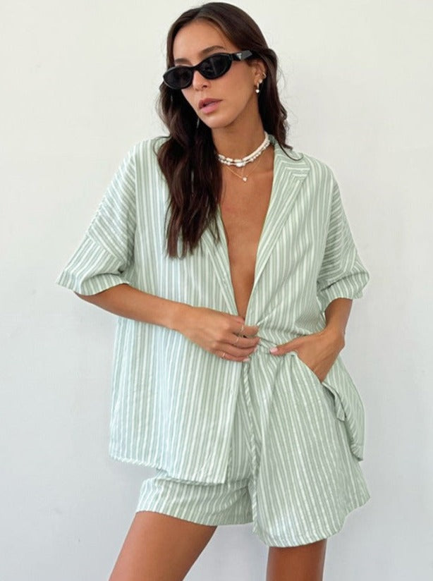 Two Piece Loose White Stripes Short Sleeves Set