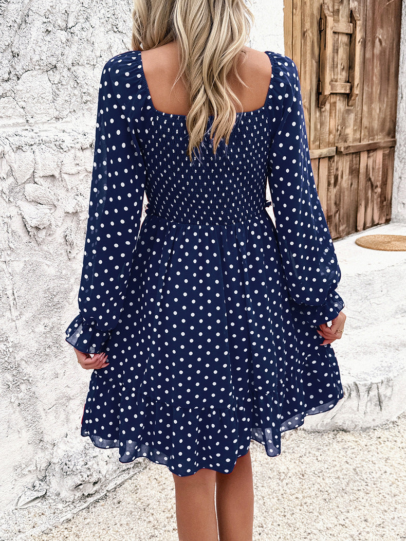 Lässiges Schulterfreies Dunkelblaues Polka Dot Kleid