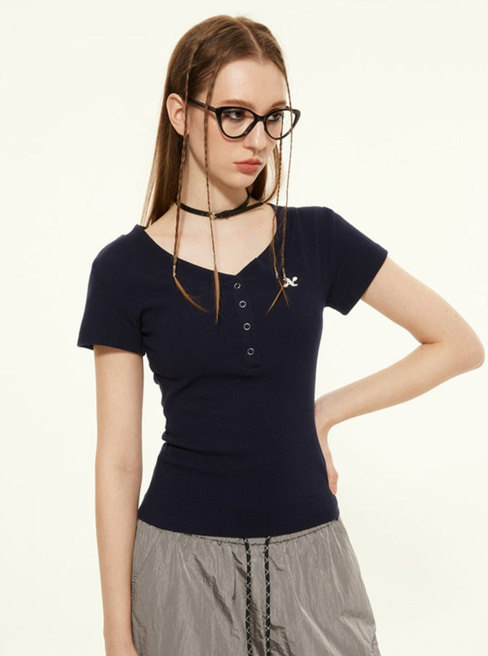 Solid Color Sexy Short-Sleeved Round Collar Top