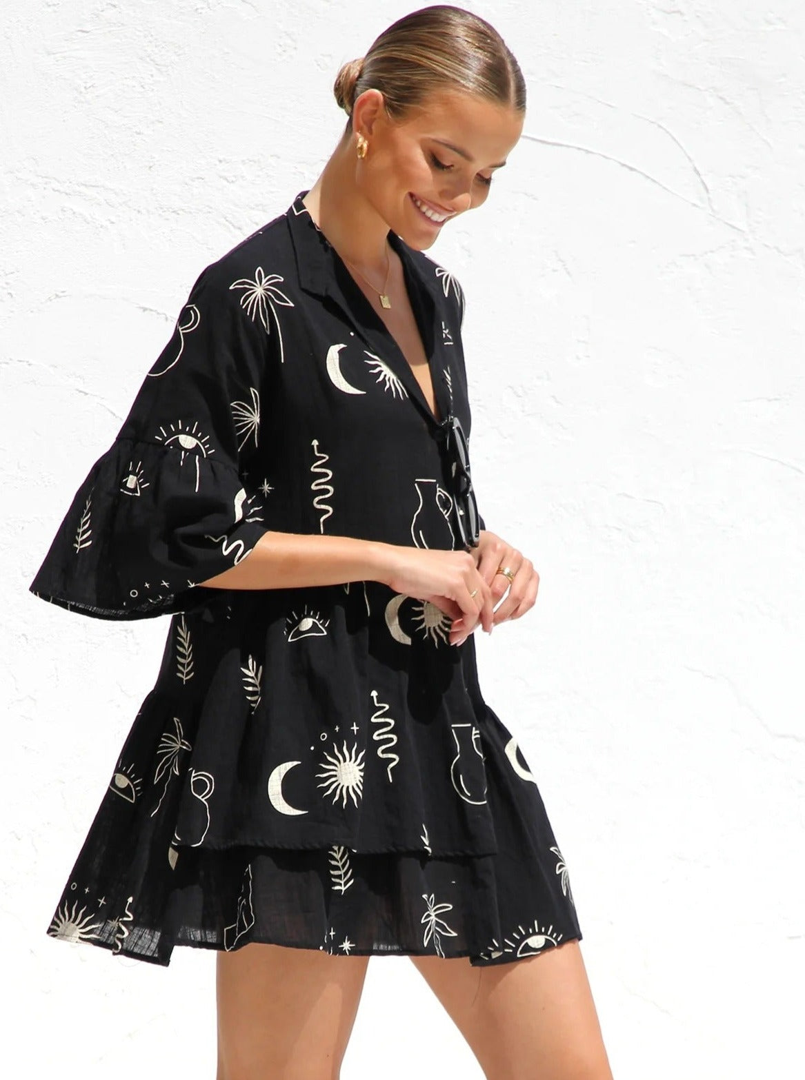 Simple Black Ethnic Style Loose Shirt Short Dress