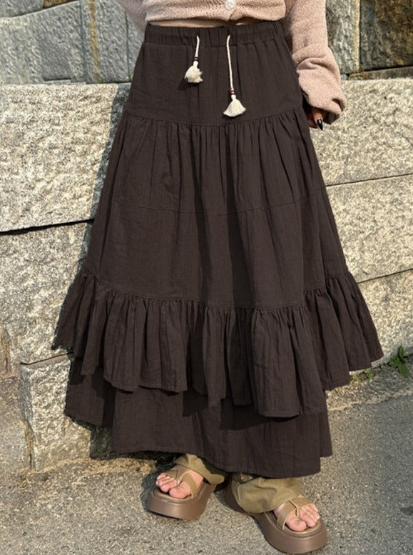 Brown Pleated Mid Length Maxi Skirt