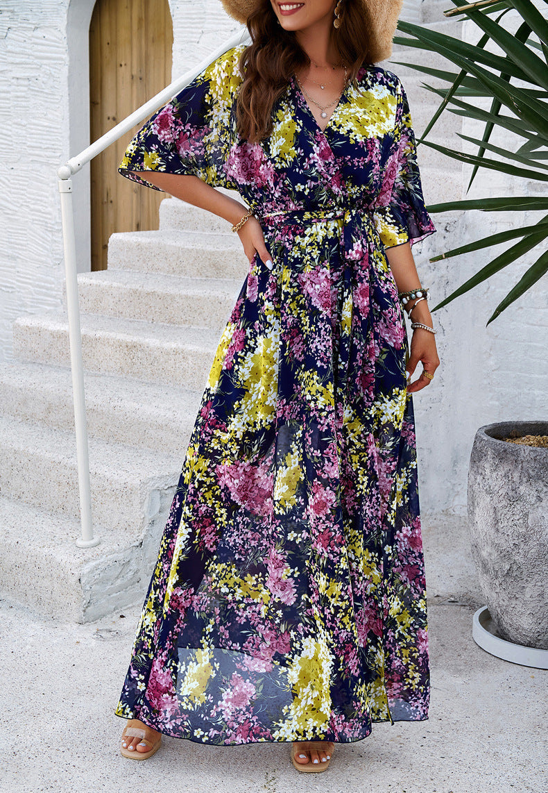 Floral Printed V-Neck Pleated Dress