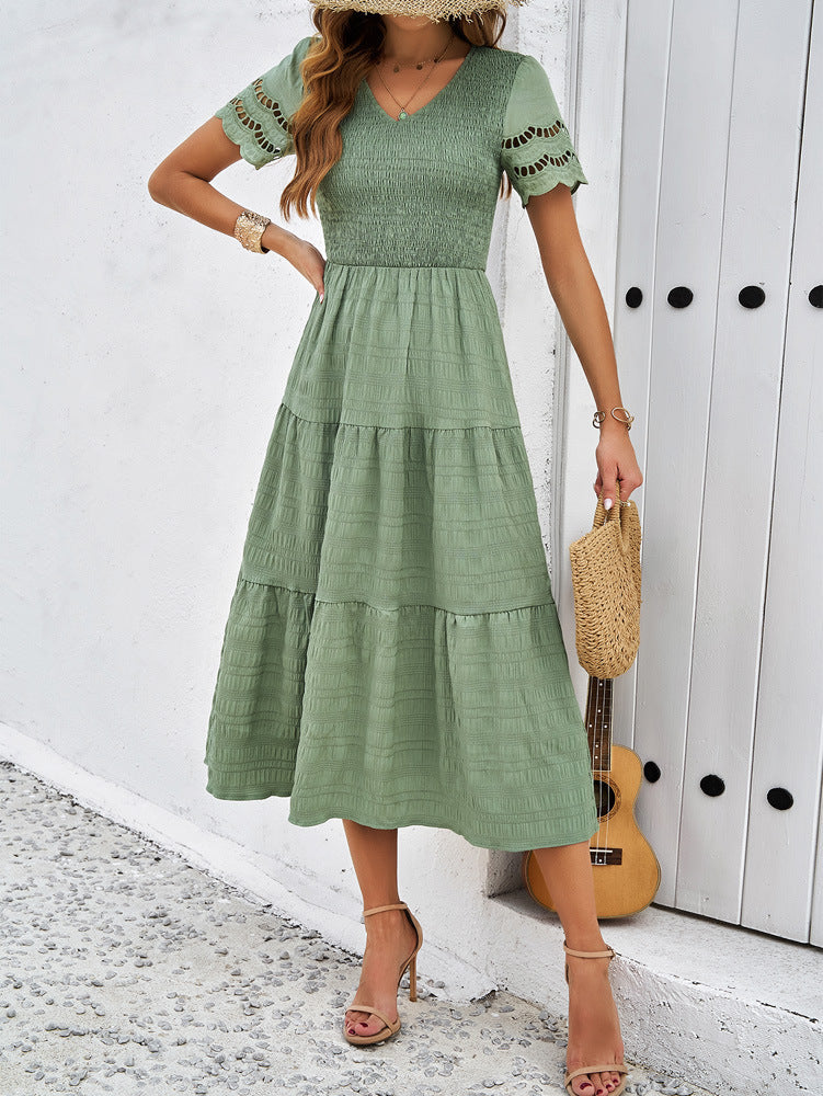 Green Women's Lace Casual Mesh Midi Dress