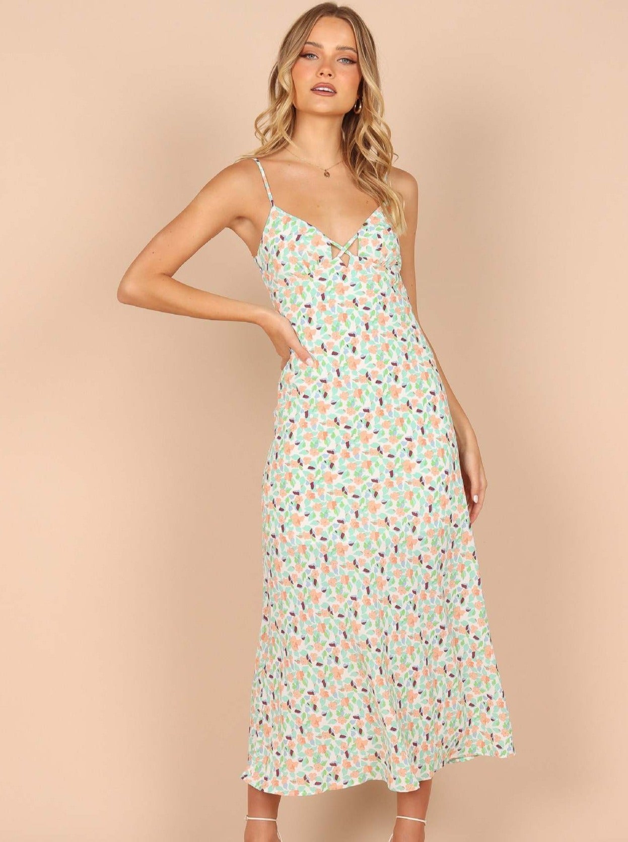 Elegant V-Neck Shoulder Strap Chiffon Floral Midi Dress