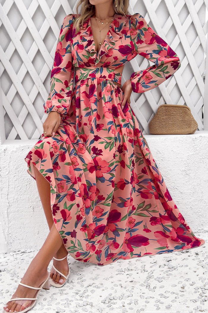 Long Sleeve Deep V-Neck Red Floral Maxi Dress