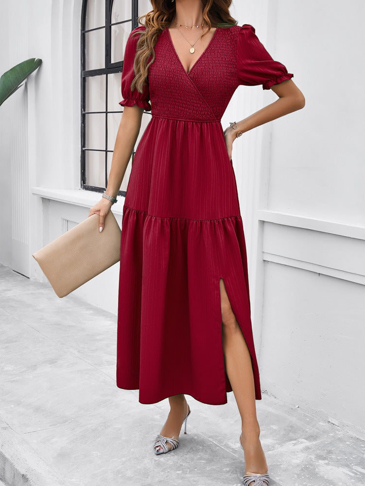 V-Neck Short Sleeved Long Dress