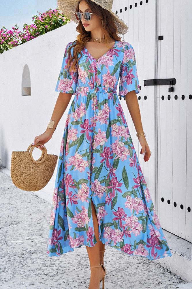 Blue Chic Summer Floral V-Neck Side Slit Midi Dress