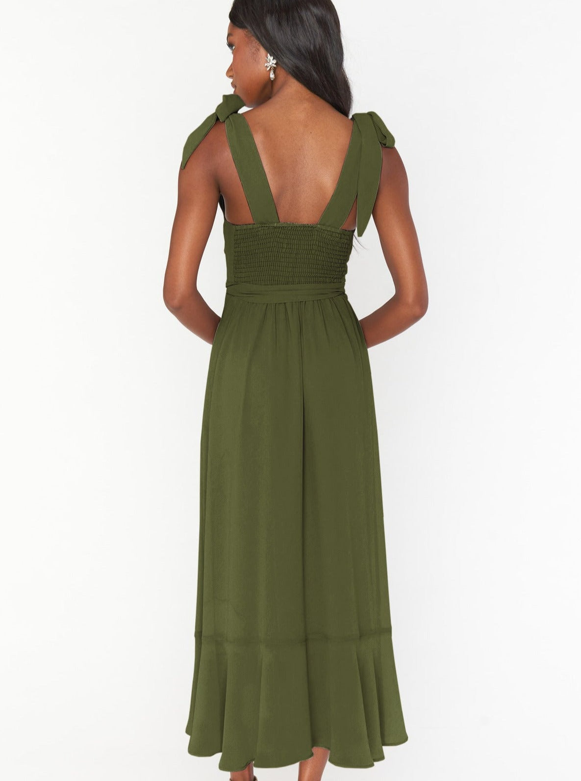 Army Green High-End Square Neck Sleeveless Slit Dress