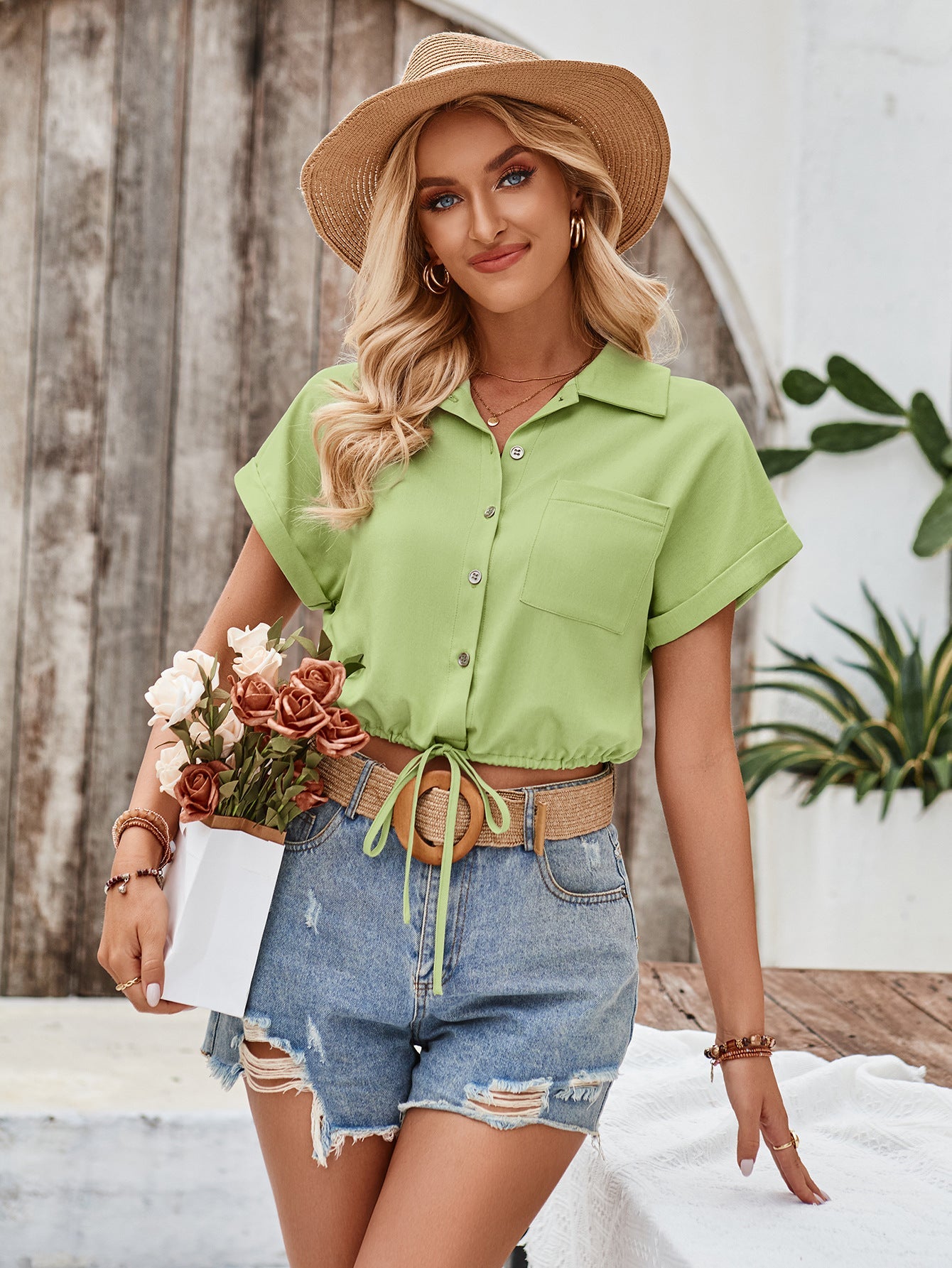 Solid Color Short Sleeve Button Down Crop Top