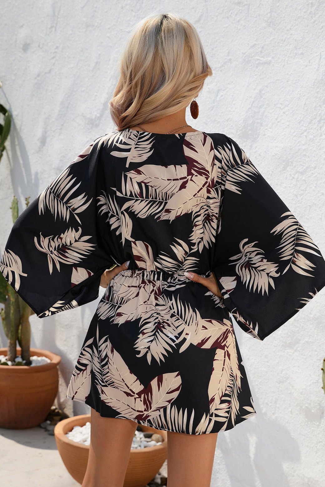 Tropical Black Printed Half Sleeve Mini Dress