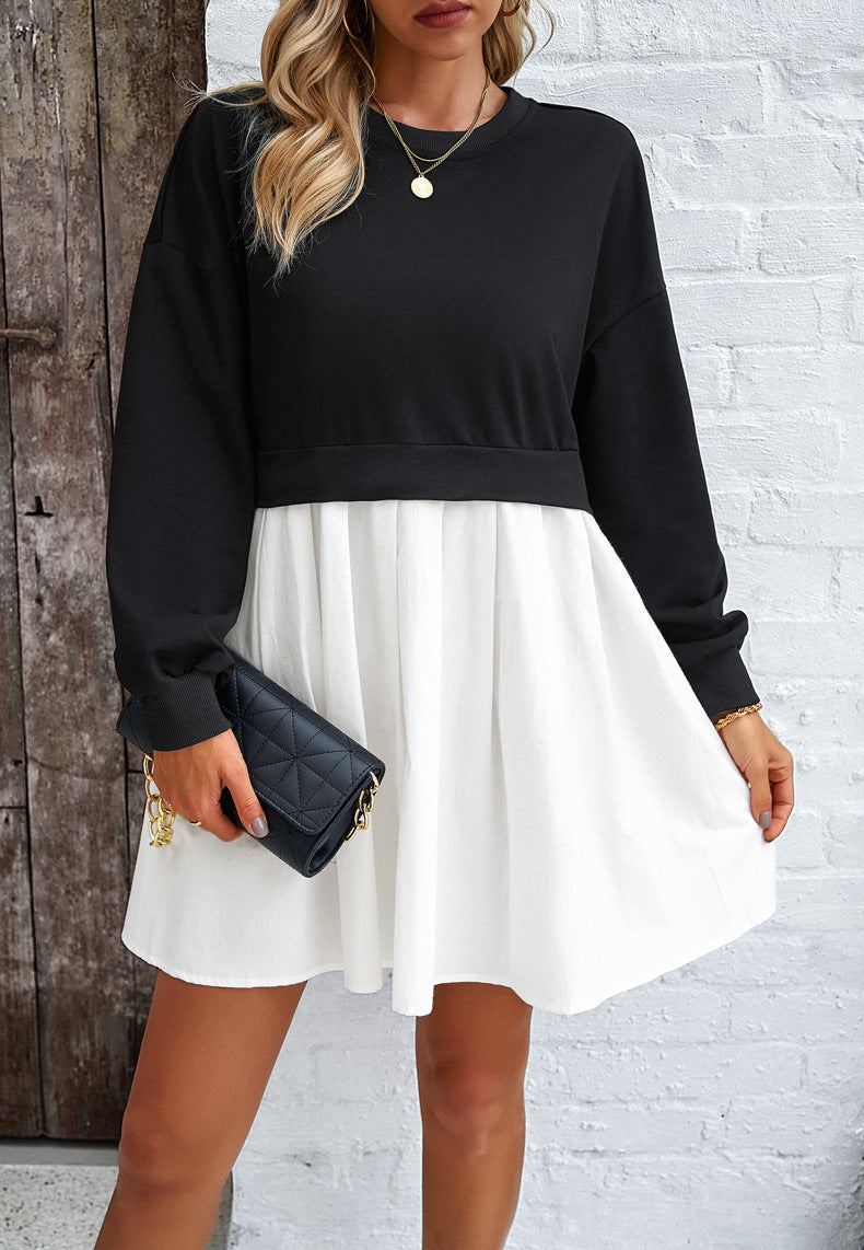 Black White Round Neck Long Sleeve Pleated Dress