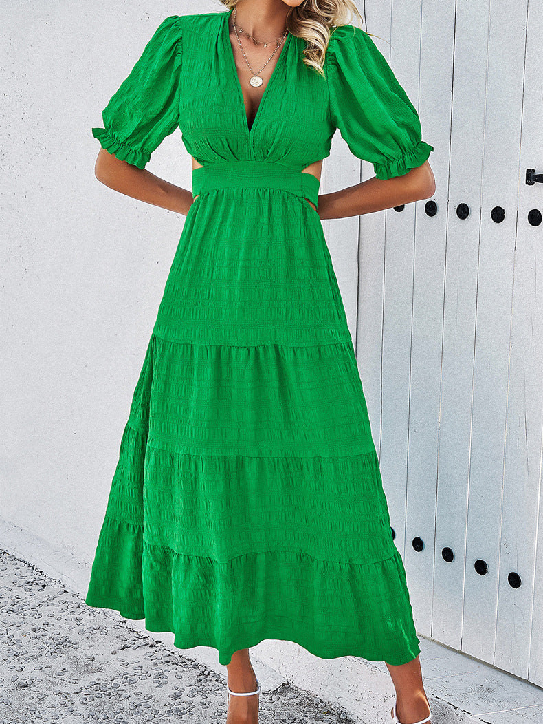 Green V-Neck Tie Waist Layered Dress