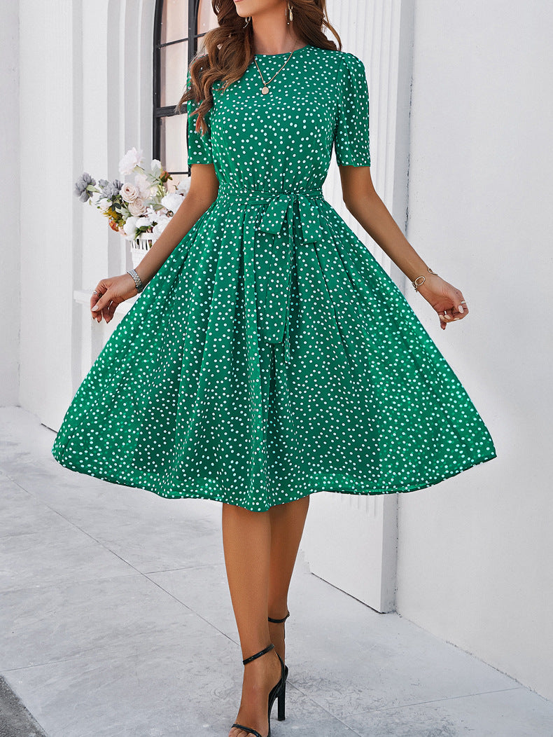 Grünes, elegantes, lässiges Kleid mit Tupfenmuster und Temperament 