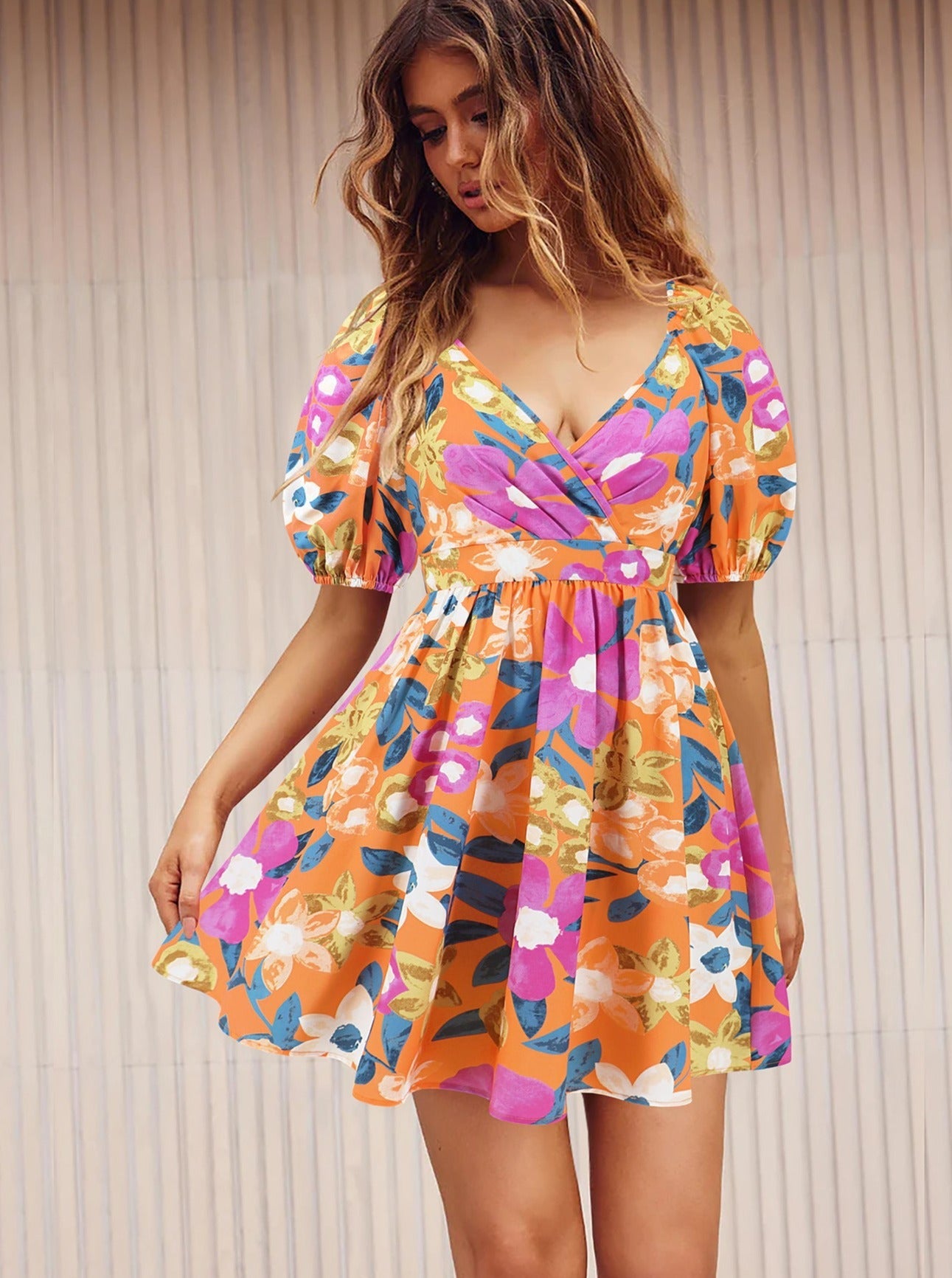 Women's Summer Printed V-Neck Lantern Sleeve Mini Dress
