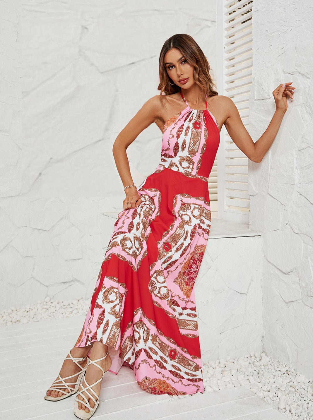 Red Printed Halter Neck Sexy Long Dress