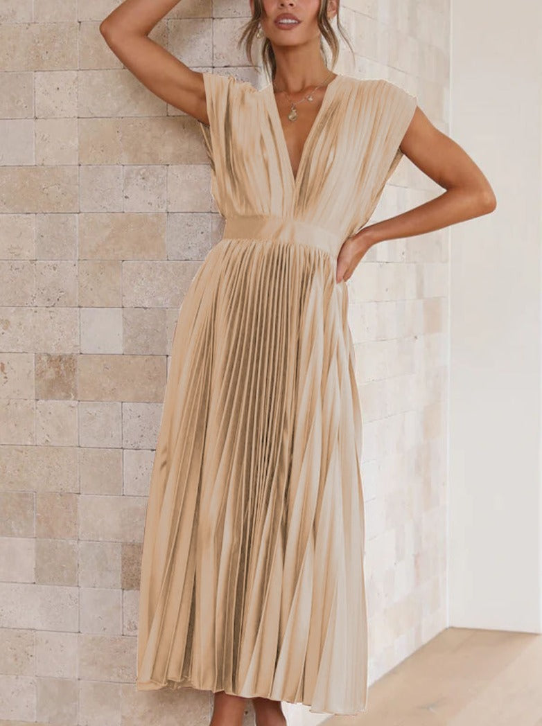 Champagne Casual V-Neck Pleated Dress