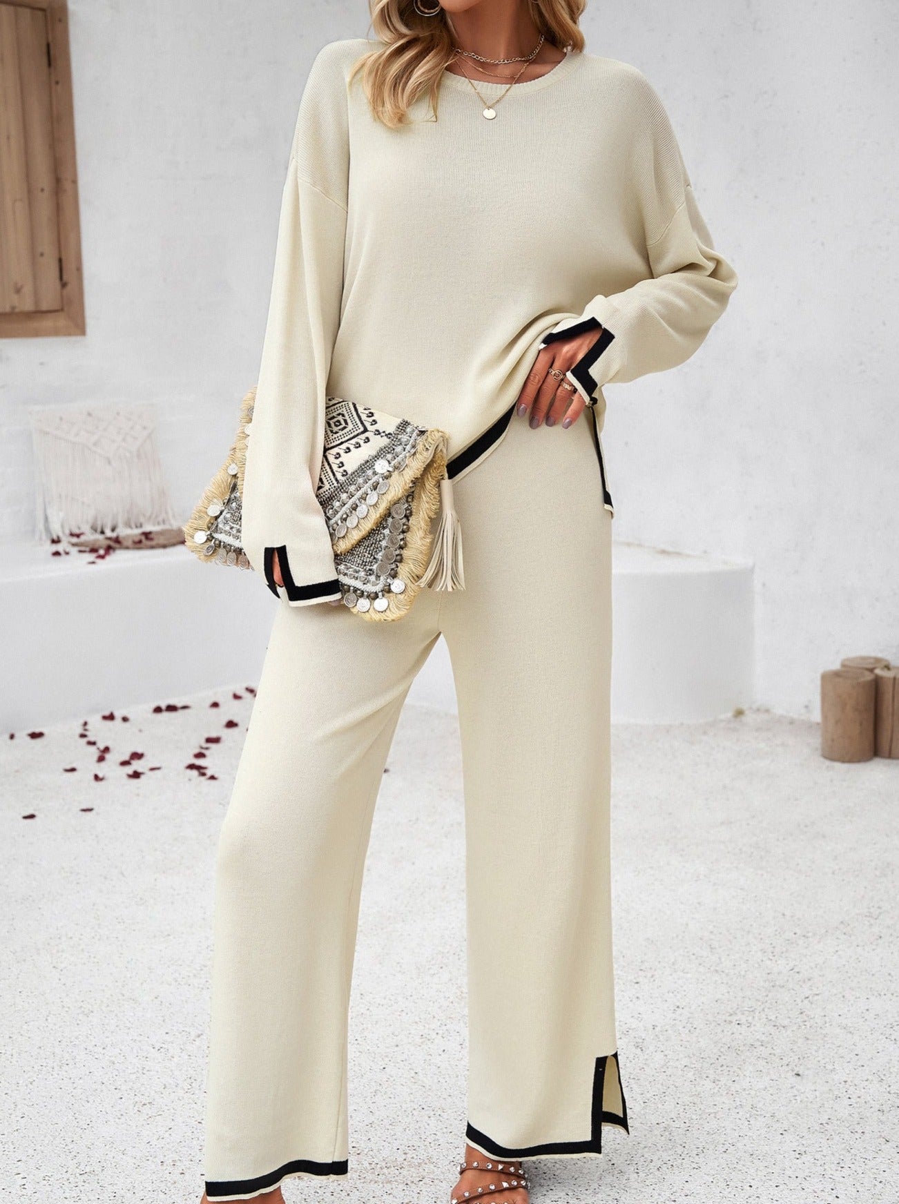 White Knitted Long-Sleeve Shirt and Small Slit Long Pants Suit