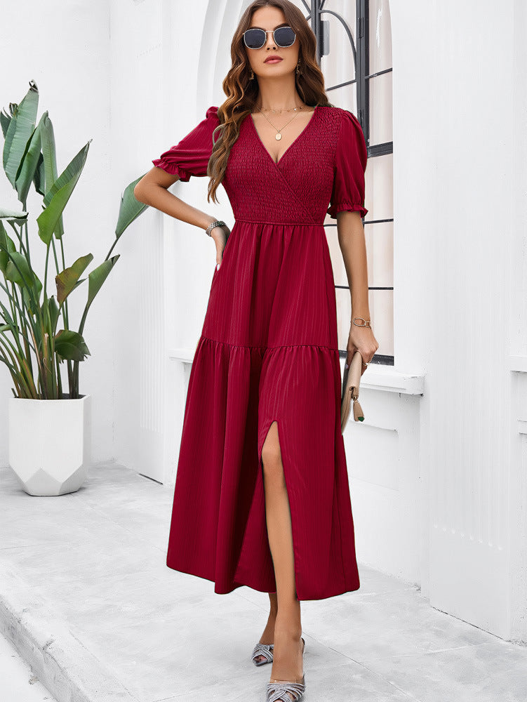 Red V-Neck Short Sleeved Long Dress