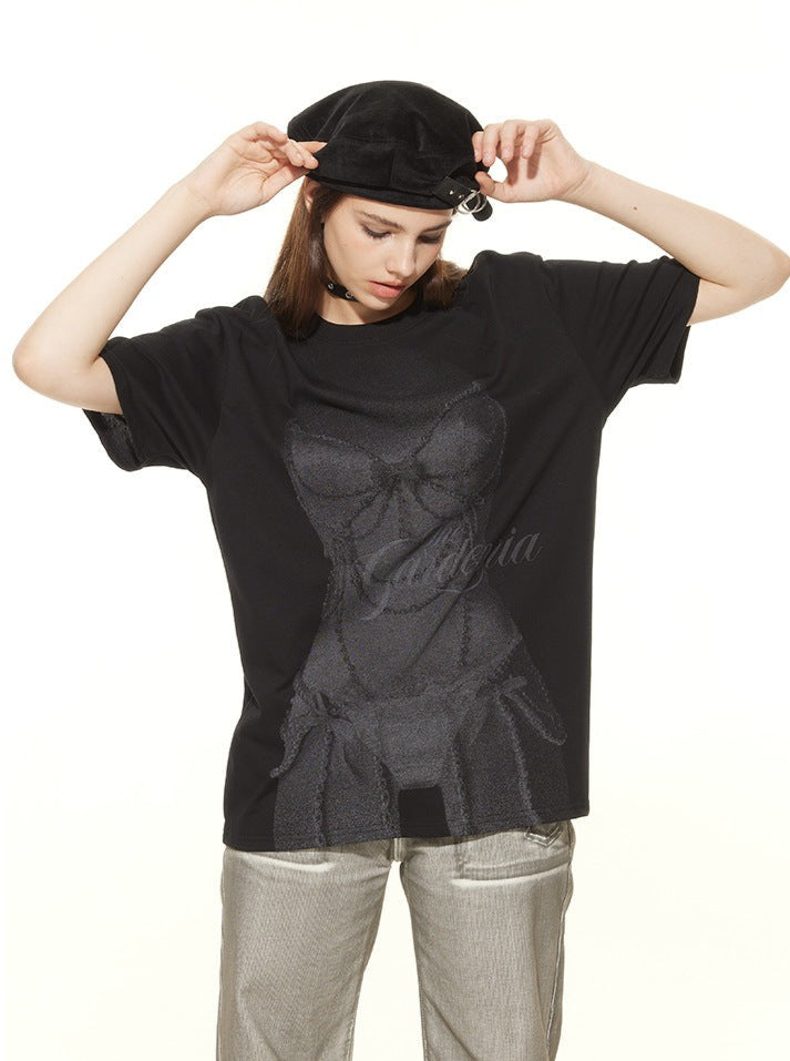 Übergroßes T-Shirt in verwaschenem Anthrazit mit Korsett-Print 