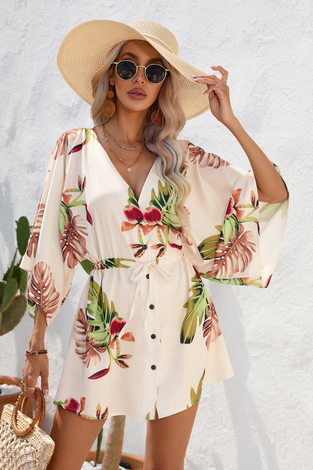 Tropical Apricot Printed Half Sleeve Mini Dress