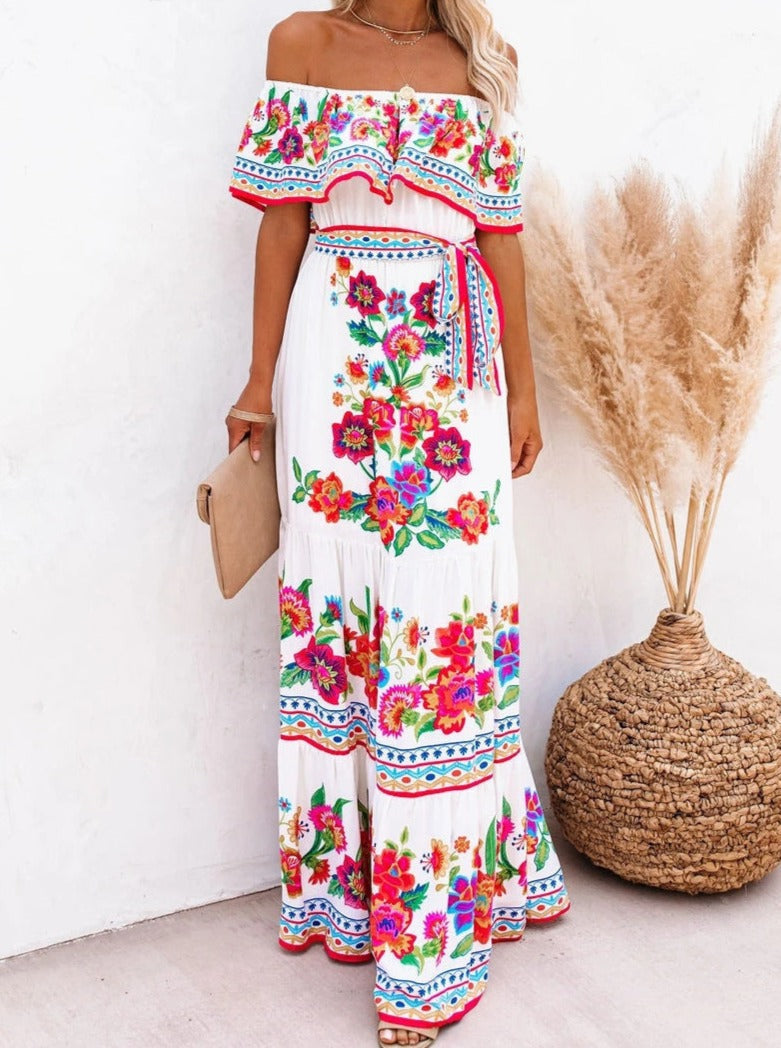 White Floral Retro Printed Off Shoulder Maxi Dress