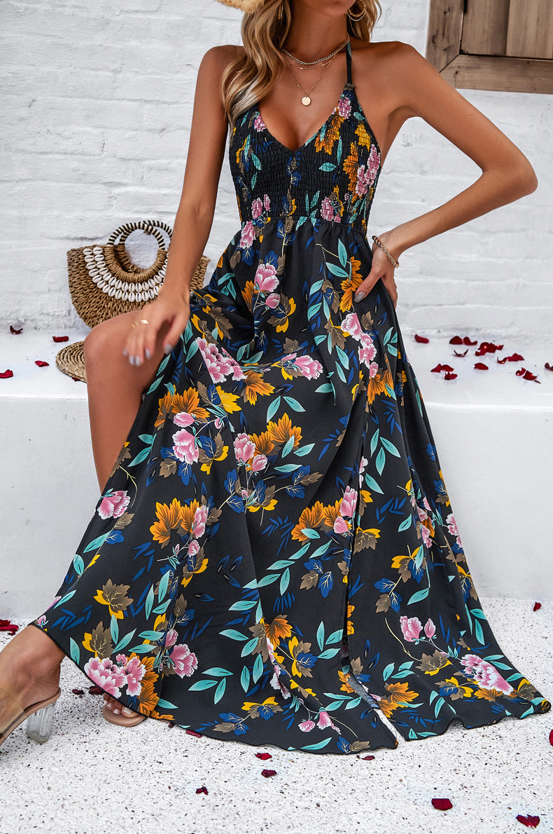 V-Neck Tie Back Printed Long Dress