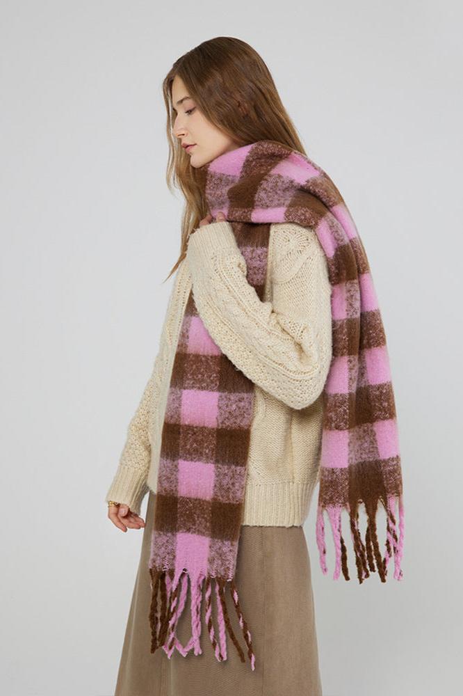 Pink Colored Plaid Long Tassel Scarf