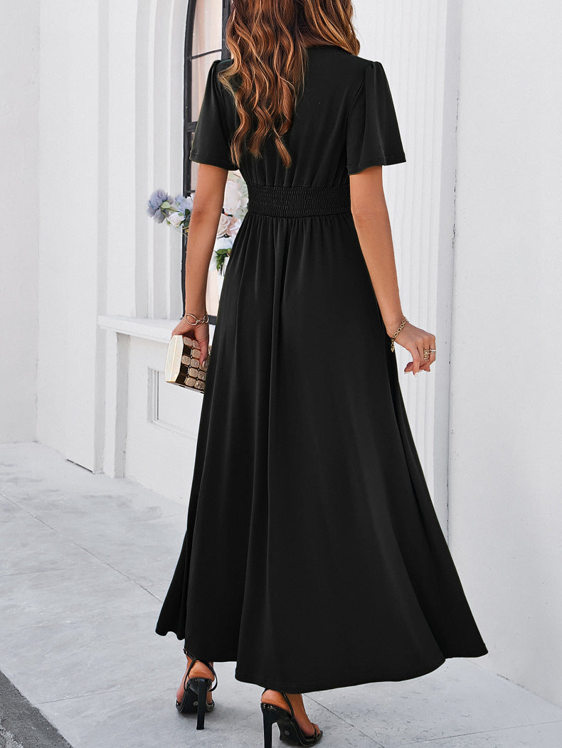 Solid Color Temperament Slit V-Neck Slim Dress