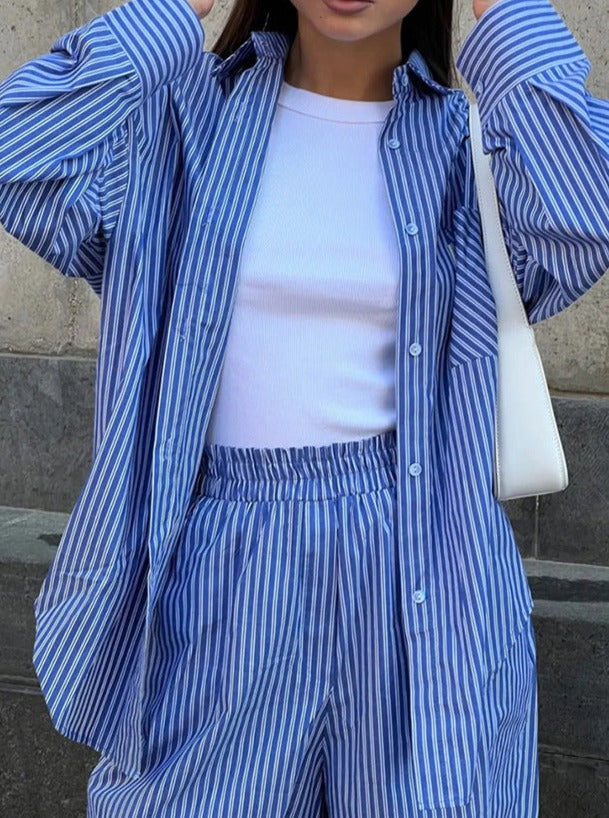 Loose Sapphire Blue Striped Long-Sleeve Two-Piece For Women