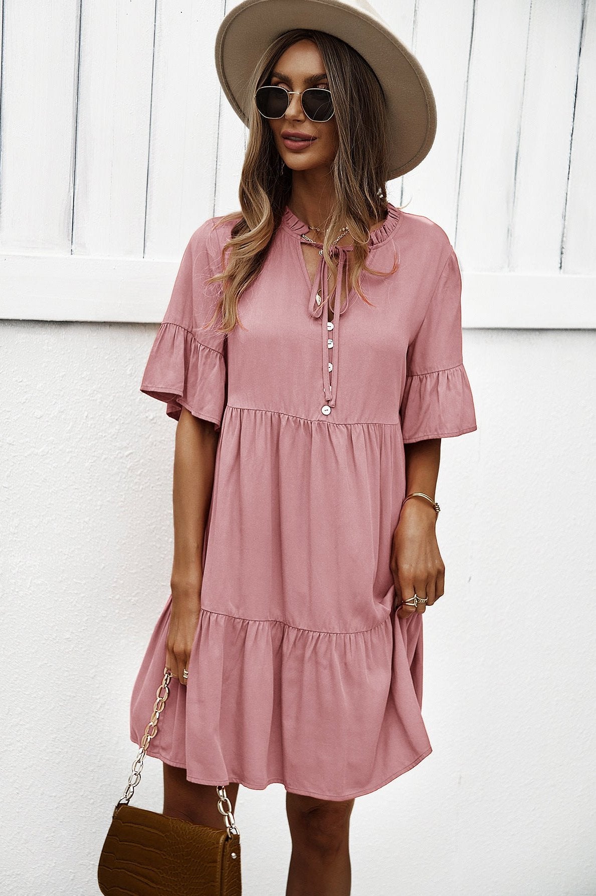 Pink Sexy Frill V-Neck Drawstring Tie Smock Dress